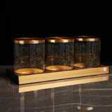 Glass Canister Set 4Pcs - Gold Calligraphy - 3 Cannisters Plus Tray