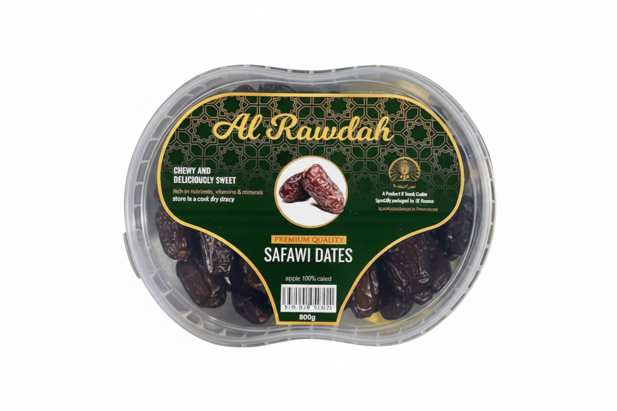 Packaged dates with 'Al Rawdah' branding on a white background