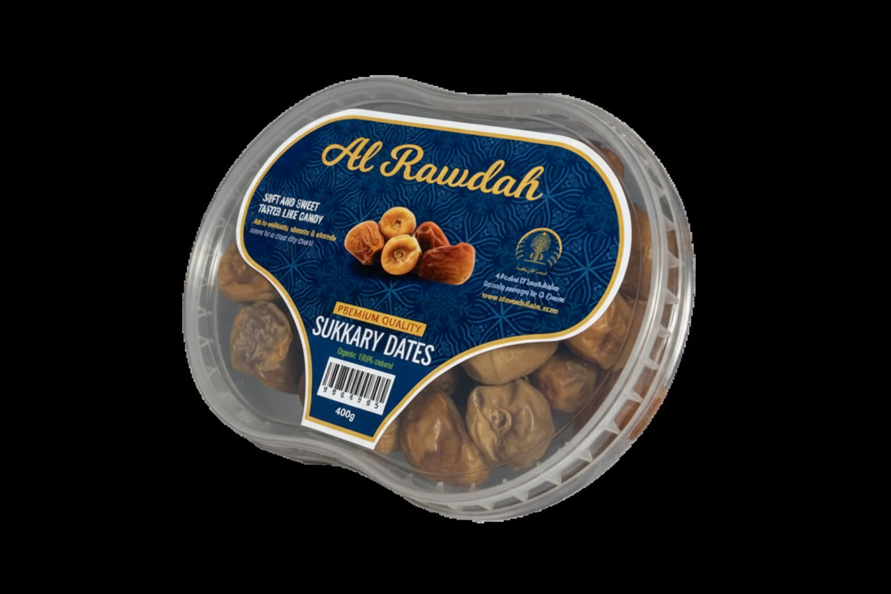 Packaged dates with 'Al Rawdah' label on a white background