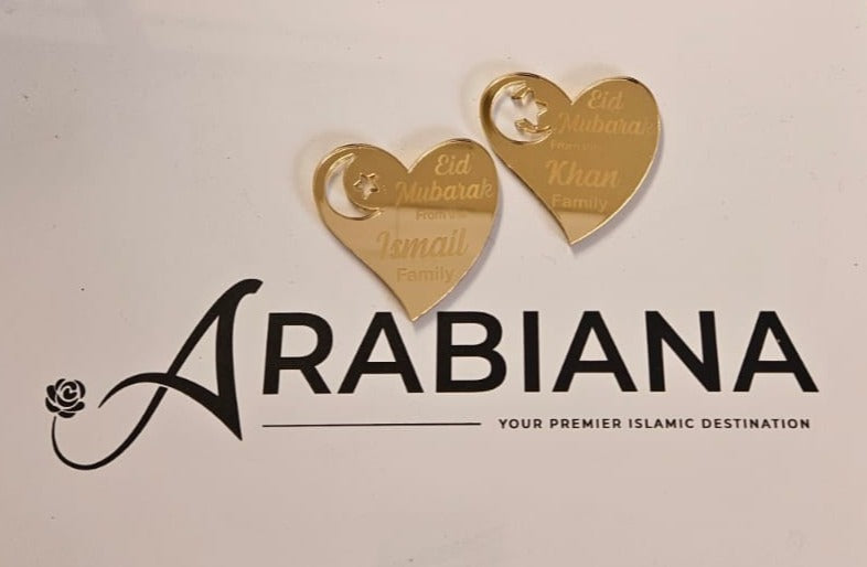 Eid Mubarak Gold Perspex Heart Personalised Tags