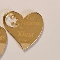 Eid Mubarak Gold Perspex Heart Personalised Tags