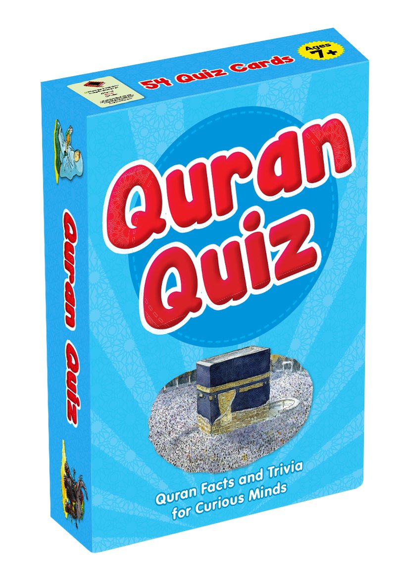 Quran Quiz card game packaging with blue background and Kaaba illustration