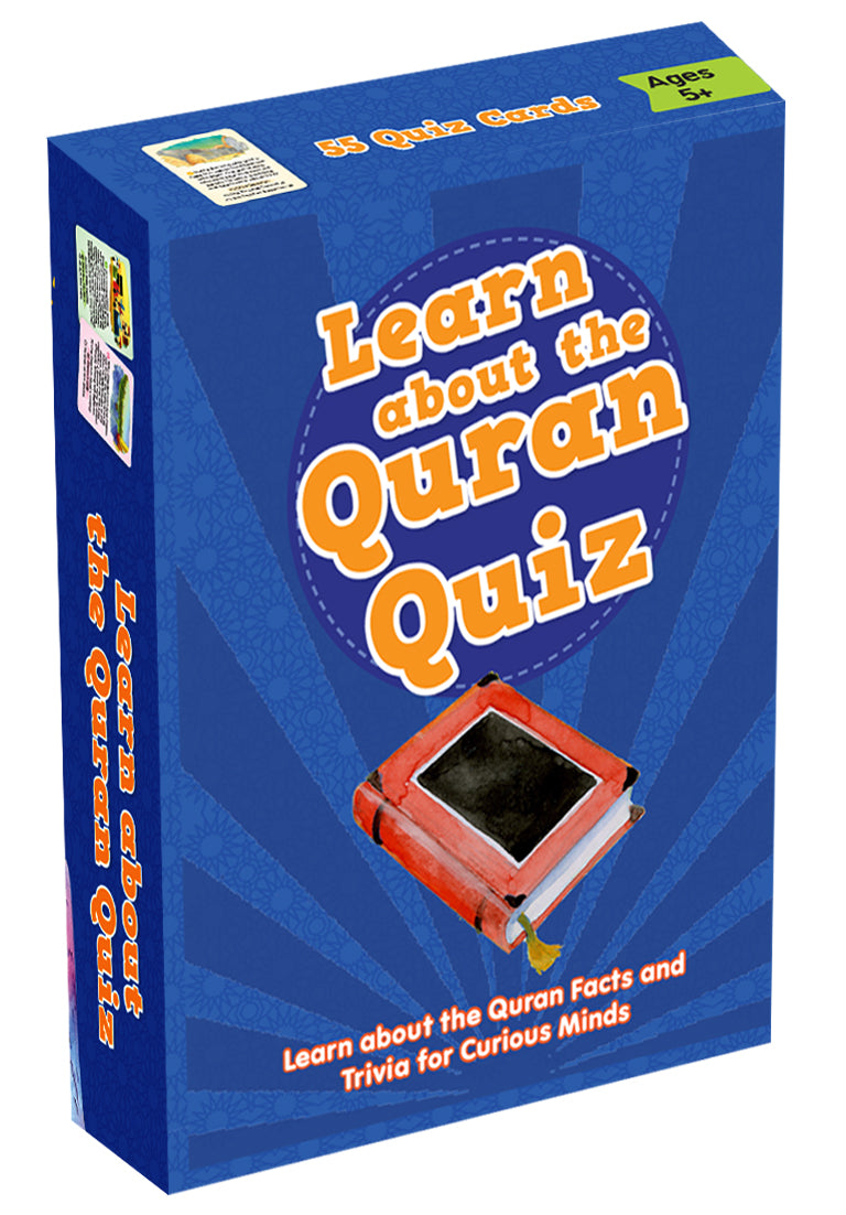 Blue box of 'Learn about the Quran Quiz' with text and a small image of a quiz device.
