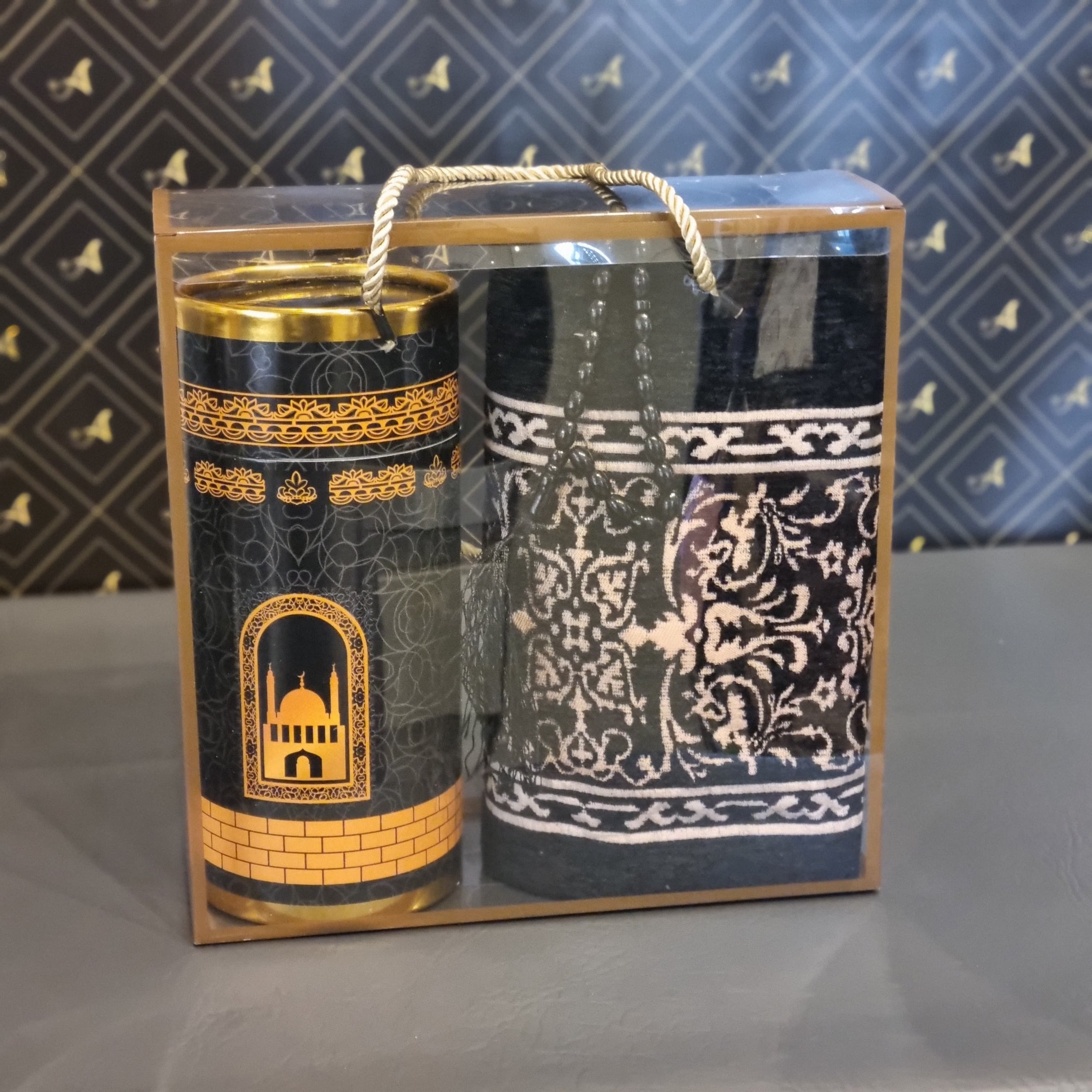 Gift Set 15 - Black Travel Musallah in Clear Gift Bag with Storage Canister & Tasbeeh