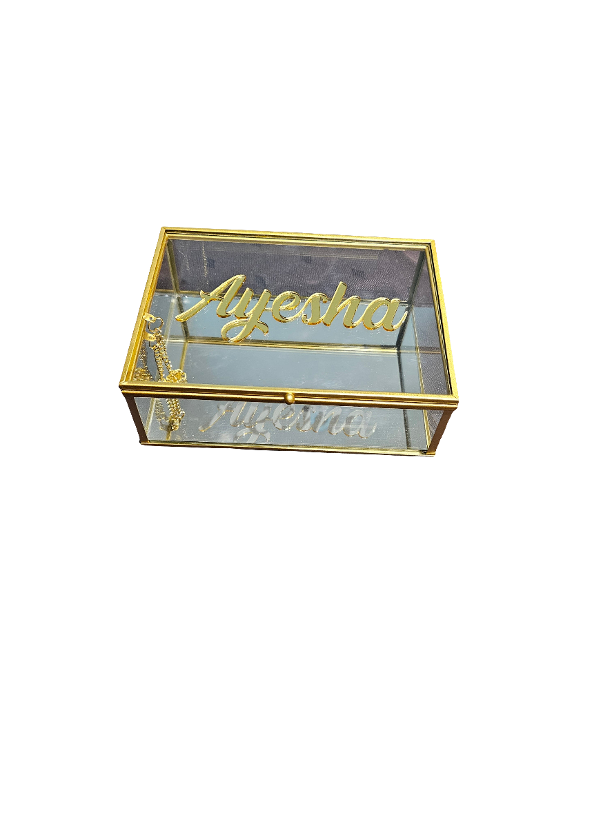 Personalized Glass Gift Box with Gold Frame frame and Mirror Base – 18cmx13cmx6cm