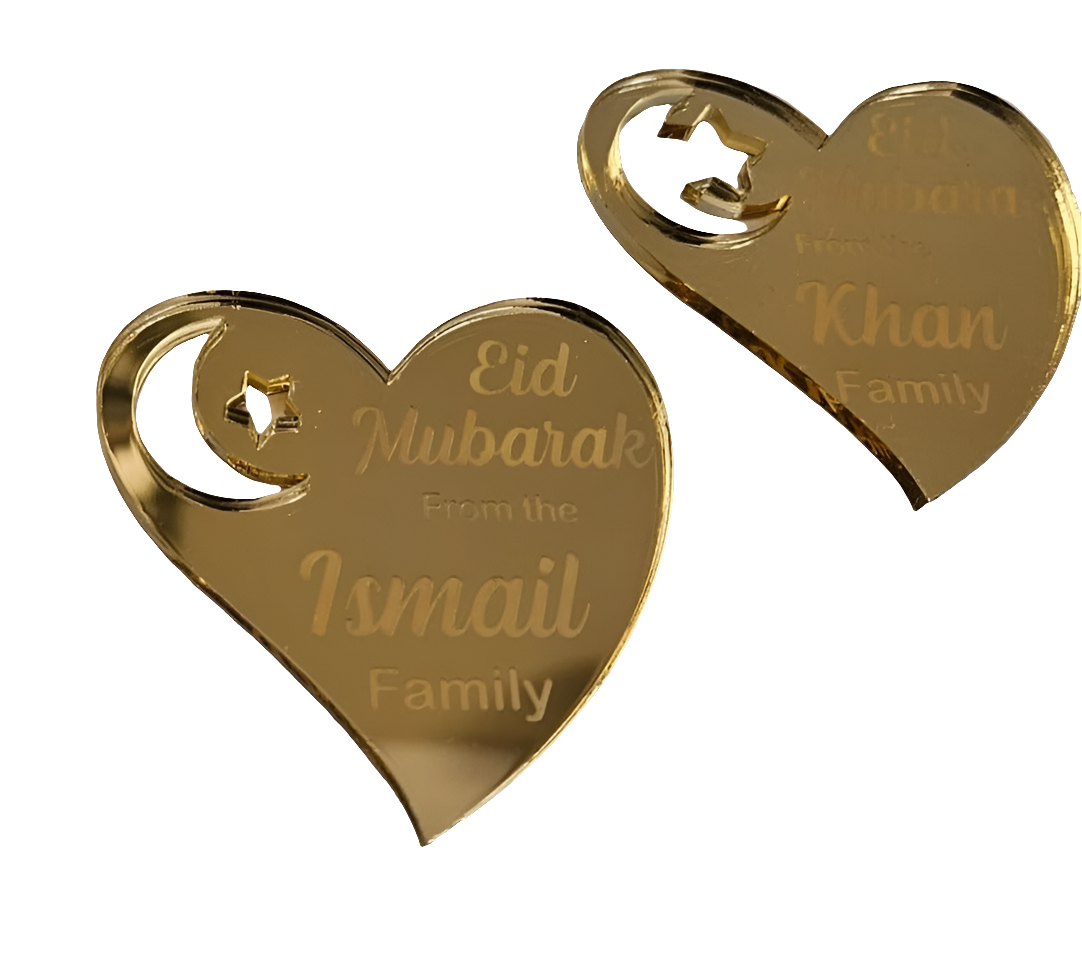 Eid Mubarak Gold Perspex Heart Personalised Tags