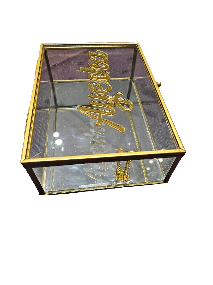 Personalized Glass Gift Box with Gold Frame frame and Mirror Base – 18cmx13cmx6cm