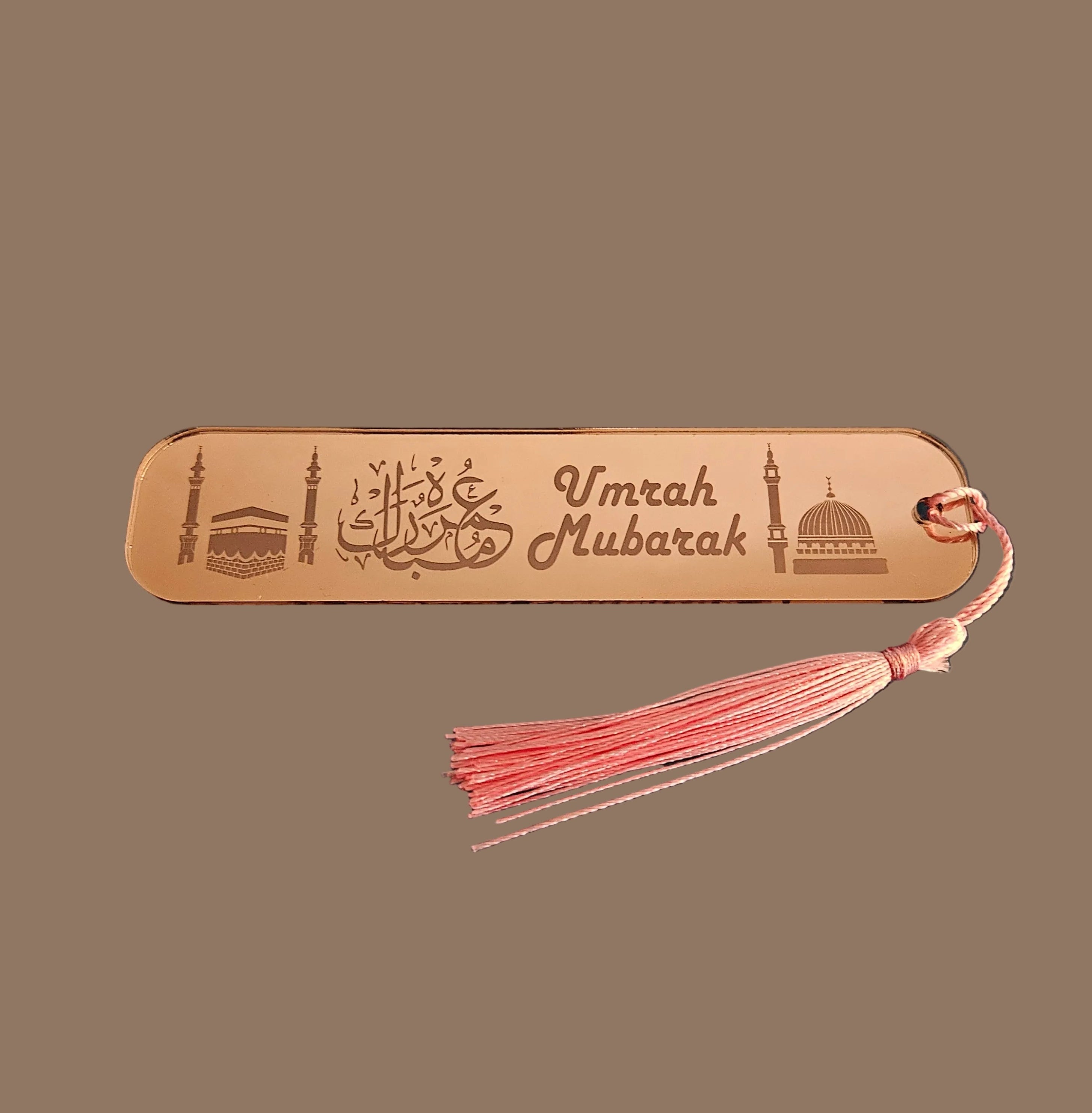 Acrylic Umrah Mubarak Bookmark – Arabic & English Engraved Bookmark with Kaaba & Madinah Design
