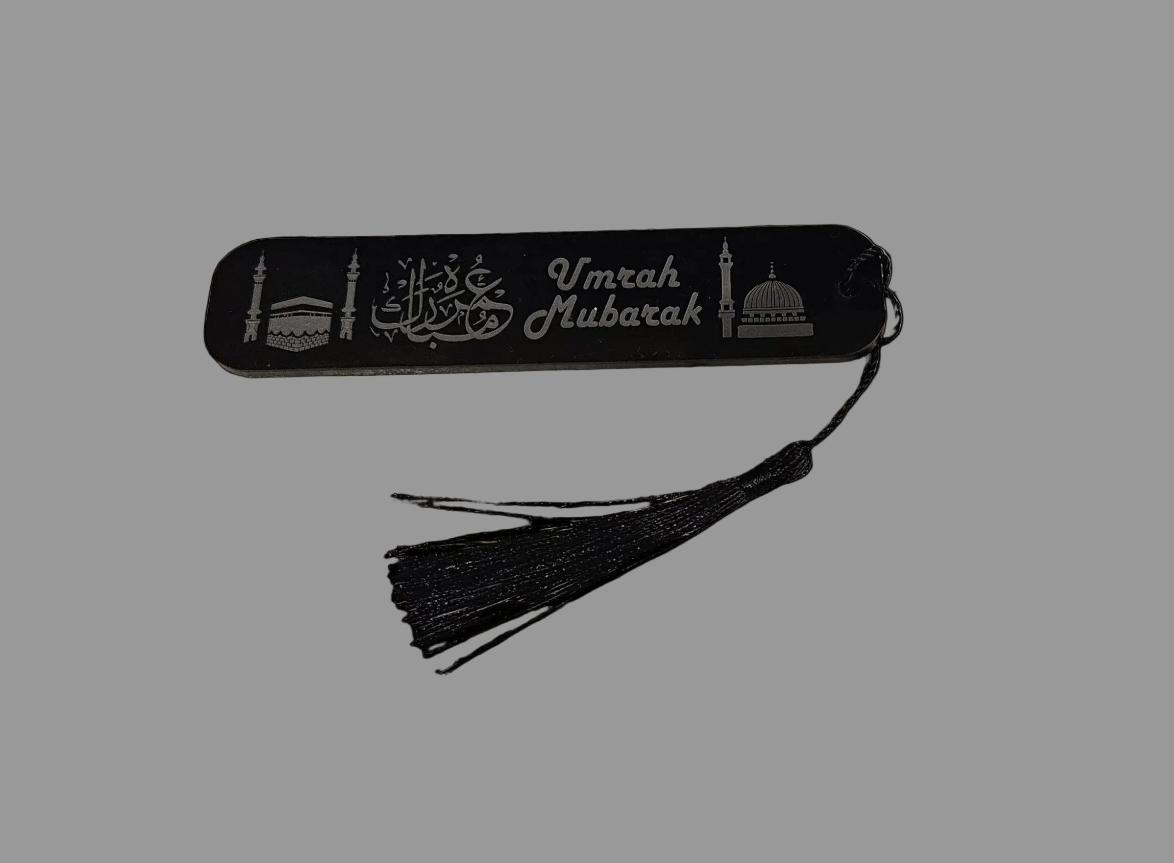 Acrylic Umrah Mubarak Bookmark – Arabic & English Engraved Bookmark with Kaaba & Madinah Design
