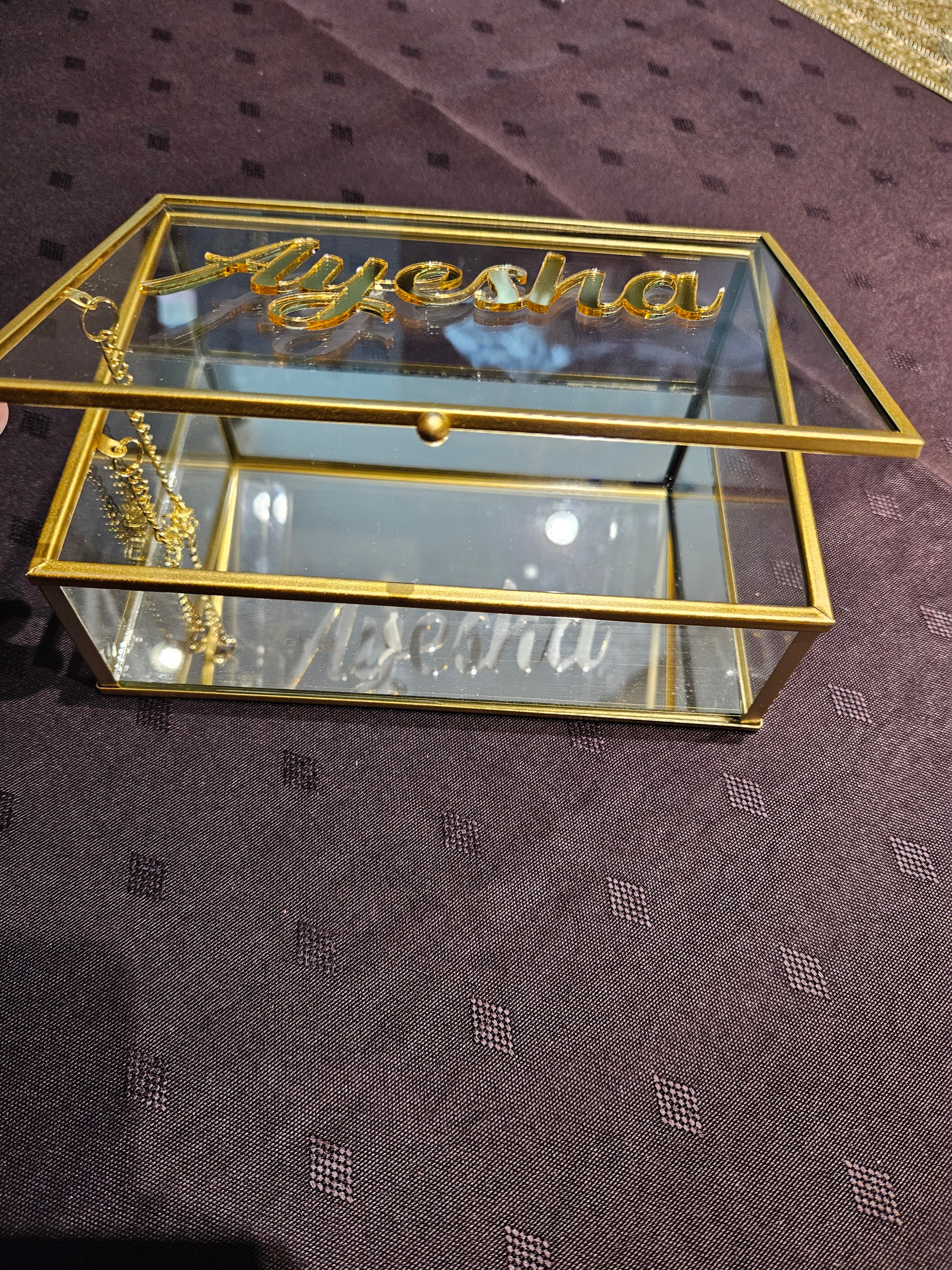 Personalized Glass Gift Box with Gold Frame frame and Mirror Base – 18cmx13cmx6cm
