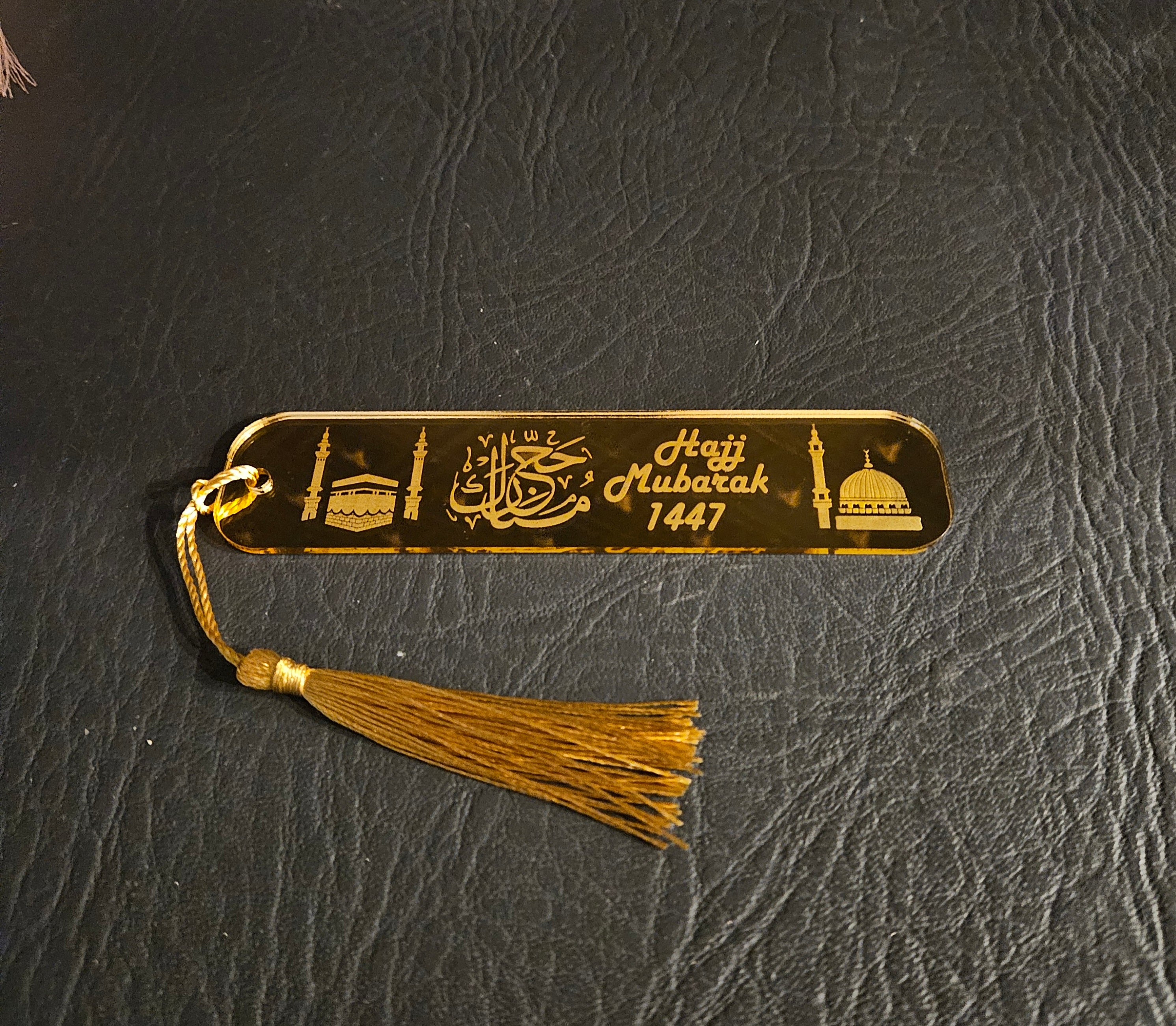 Acrylic Hajj Mubarak Bookmark – Arabic & English Engraved Bookmark with Kaaba & Madinah Design