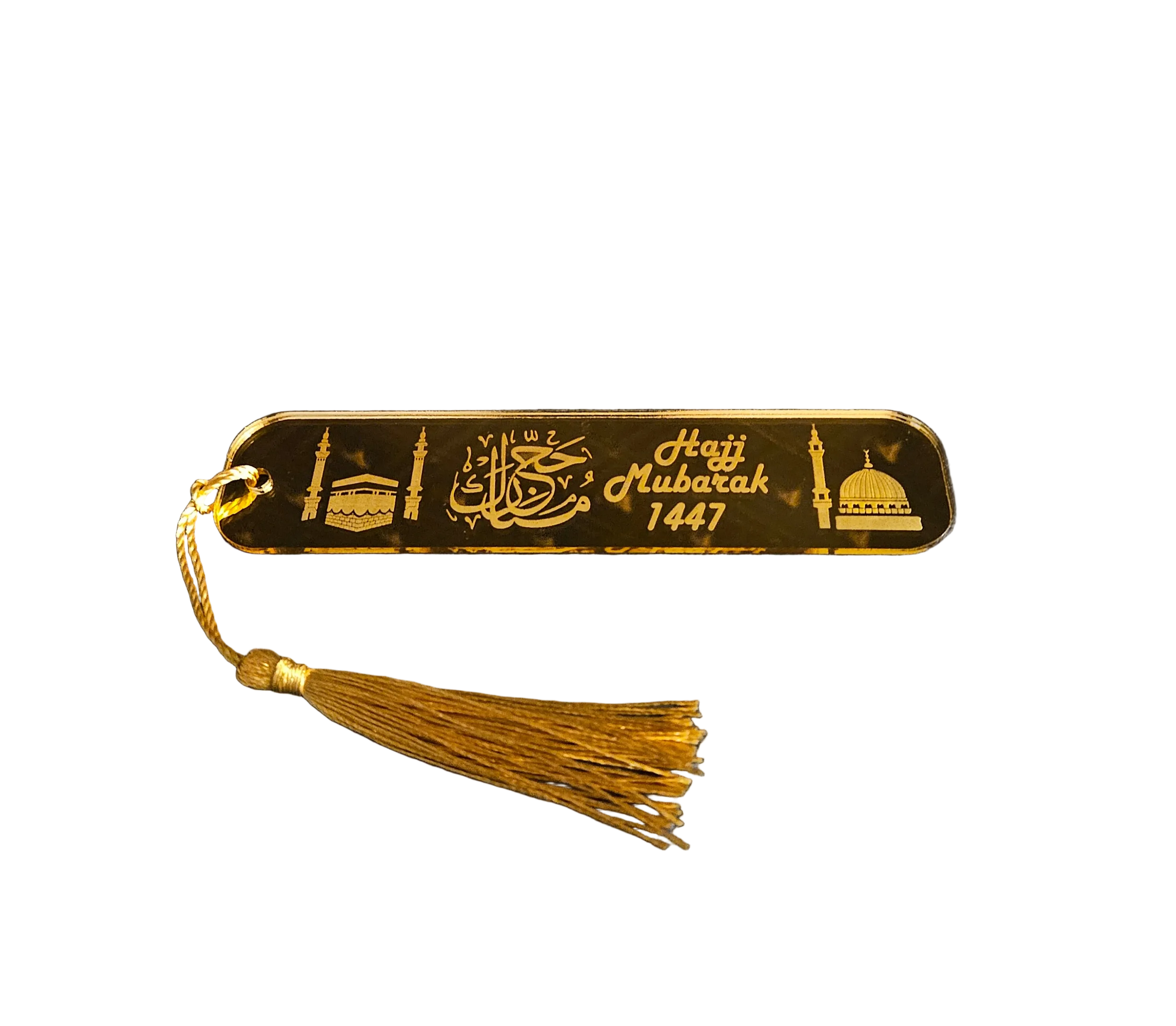 Acrylic Hajj Mubarak Bookmark – Arabic & English Engraved Bookmark with Kaaba & Madinah Design