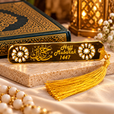 Acrylic Hajj Mubarak Bookmark – Arabic & English Engraved Mirror Bookmark with Star and Teardrop Cutout Design