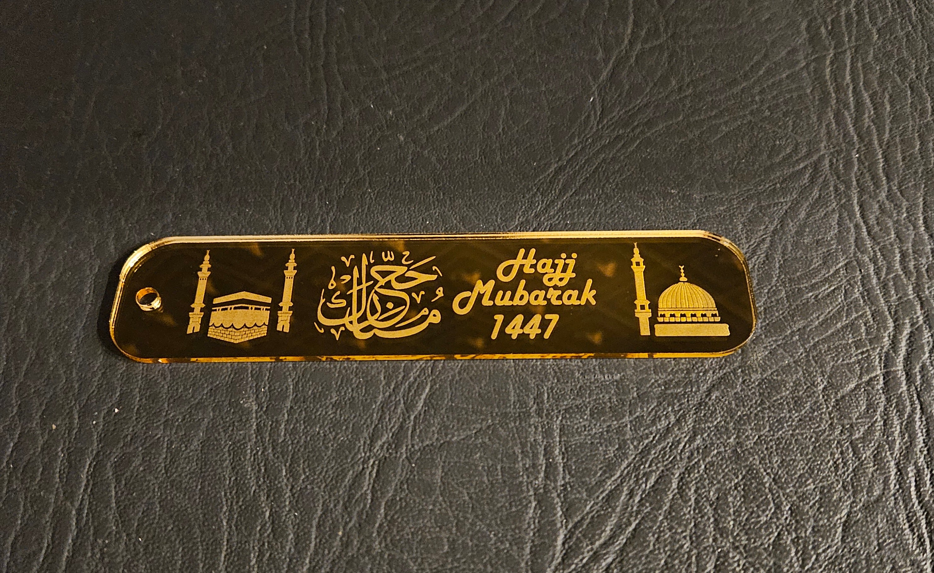 Acrylic Hajj Mubarak Bookmark – Arabic & English Engraved Bookmark with Kaaba & Madinah Design