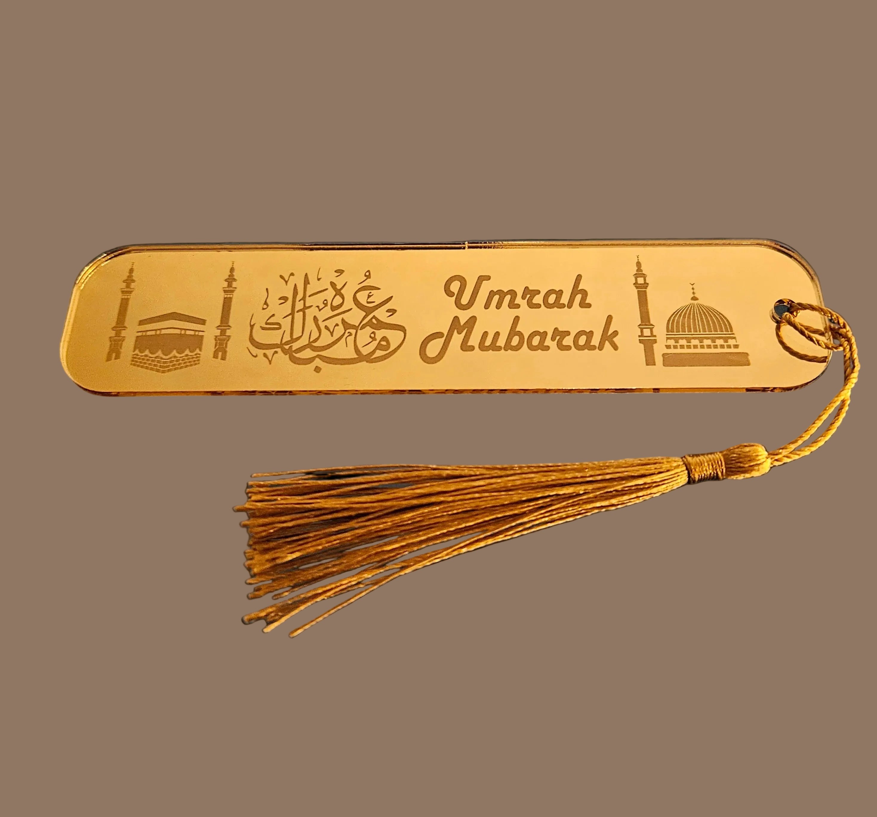 Acrylic Umrah Mubarak Bookmark – Arabic & English Engraved Bookmark with Kaaba & Madinah Design